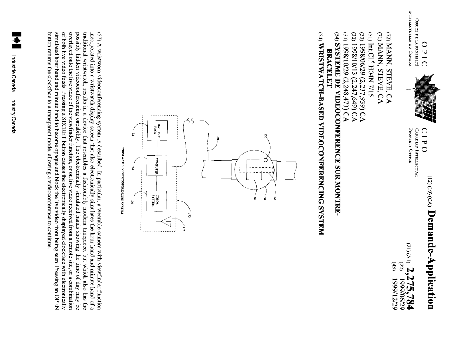 Canadian Patent Document 2275784. Cover Page 19981216. Image 1 of 1
