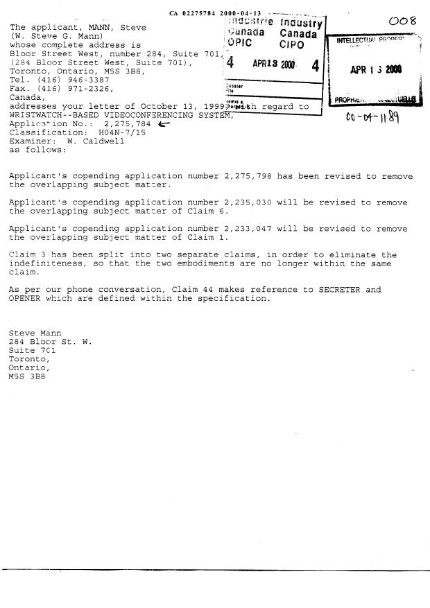 Document de brevet canadien 2275784. Poursuite-Amendment 19991213. Image 1 de 8