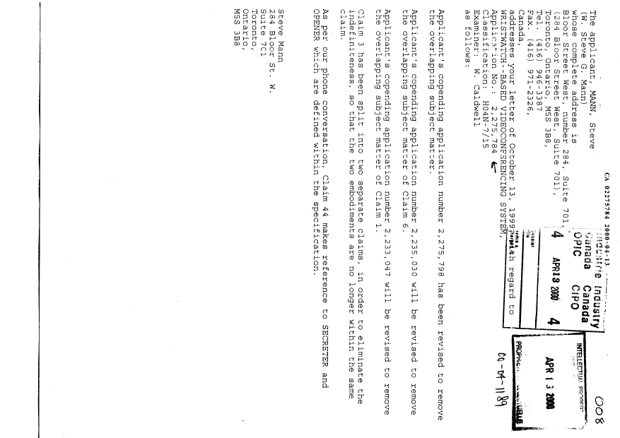 Canadian Patent Document 2275784. Prosecution-Amendment 19991213. Image 1 of 8