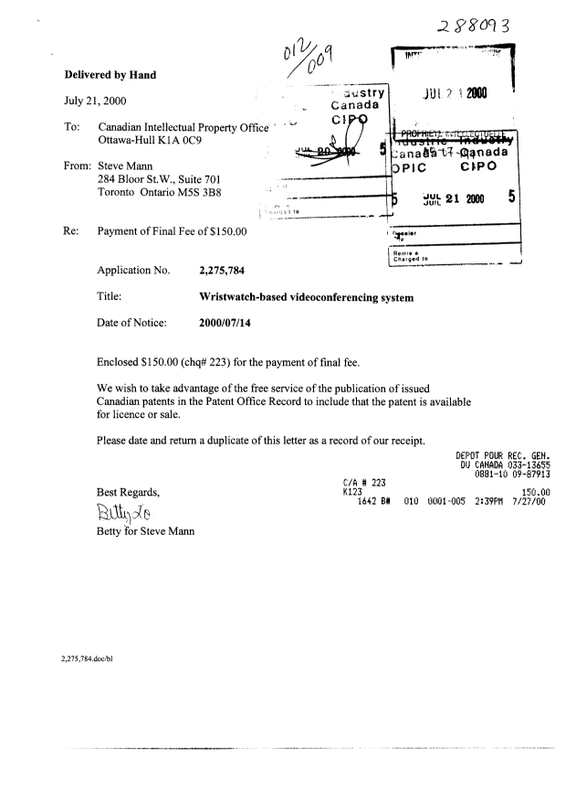 Canadian Patent Document 2275784. Correspondence 19991221. Image 1 of 2