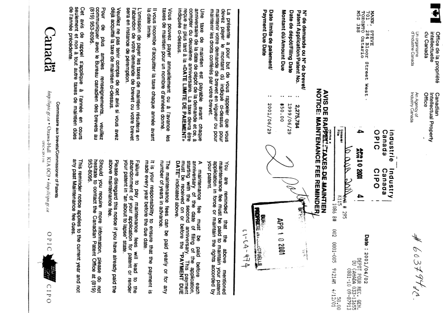 Canadian Patent Document 2275784. Fees 20001210. Image 1 of 1
