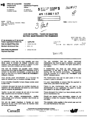 Canadian Patent Document 2275784. Fees 20011215. Image 1 of 1