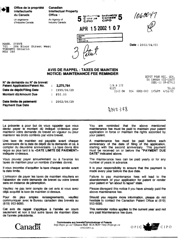 Document de brevet canadien 2275784. Taxes 20011215. Image 1 de 1