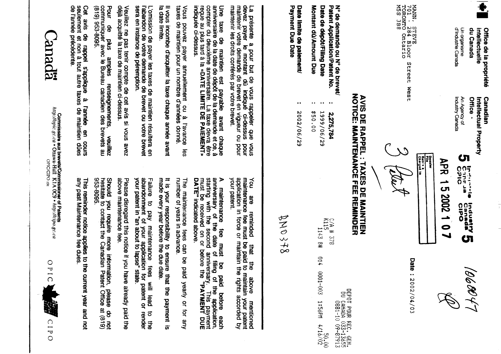 Canadian Patent Document 2275784. Fees 20011215. Image 1 of 1
