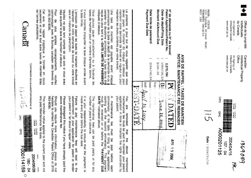 Canadian Patent Document 2275784. Fees 20031228. Image 1 of 1