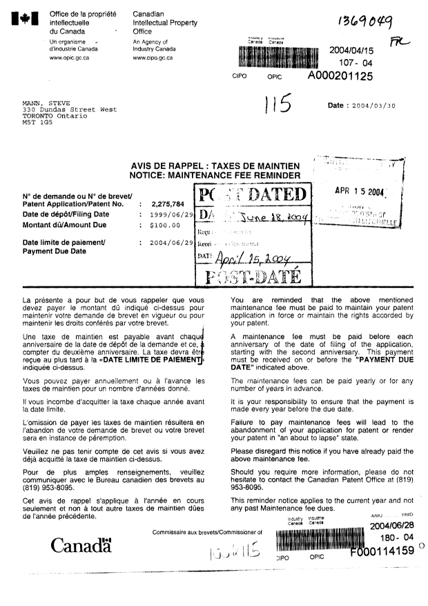 Document de brevet canadien 2275784. Taxes 20040628. Image 1 de 1
