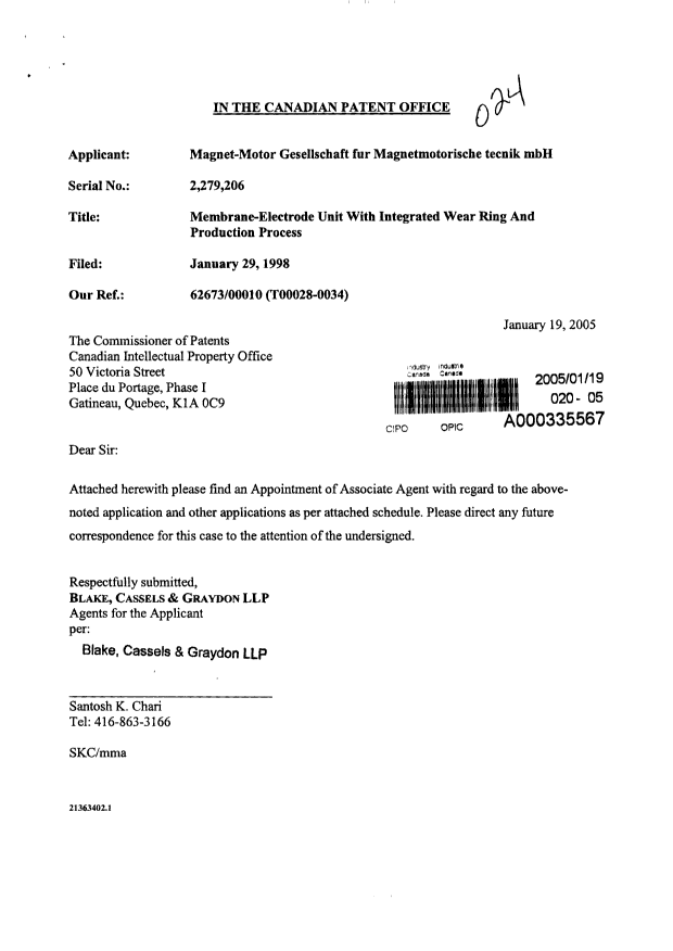 Canadian Patent Document 2279206. Correspondence 20041219. Image 1 of 2