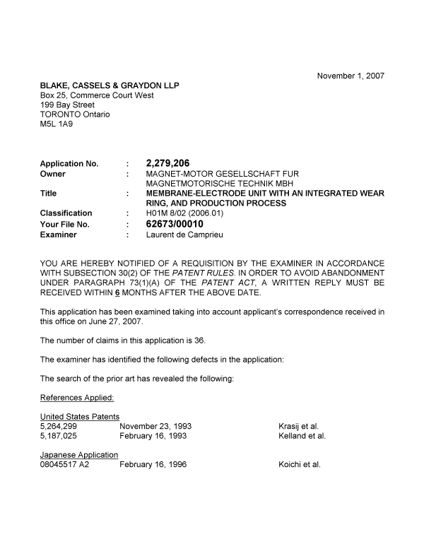Canadian Patent Document 2279206. Prosecution-Amendment 20061201. Image 1 of 2