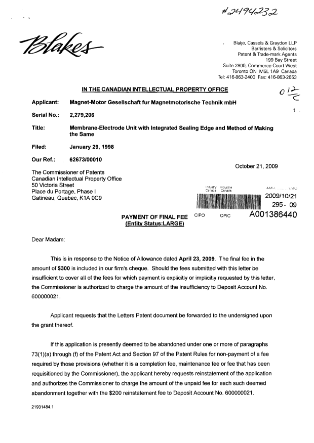Document de brevet canadien 2279206. Correspondance 20081221. Image 1 de 2