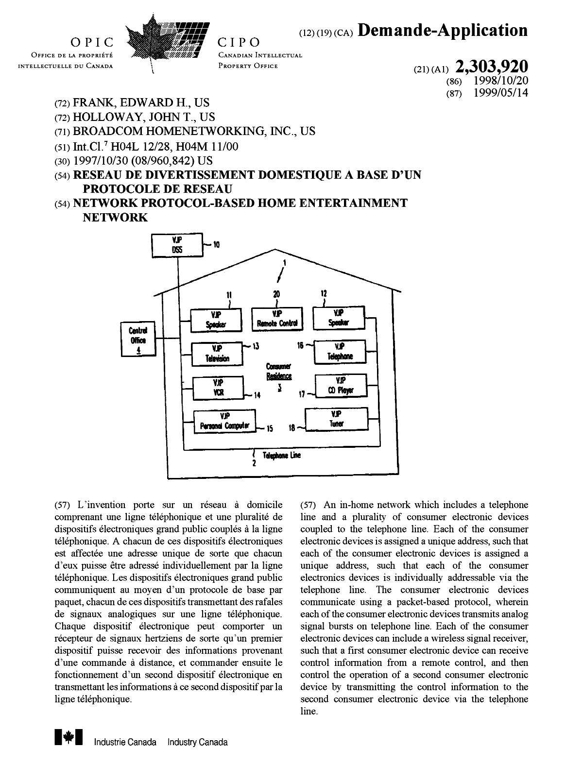 Canadian Patent Document 2303920. Cover Page 19991212. Image 1 of 1