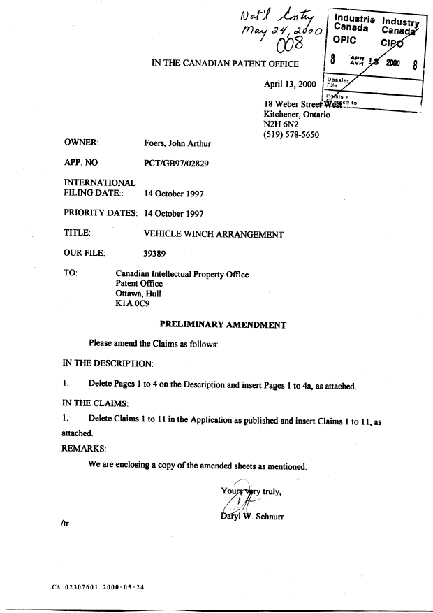 Canadian Patent Document 2307601. Prosecution-Amendment 19991224. Image 1 of 9