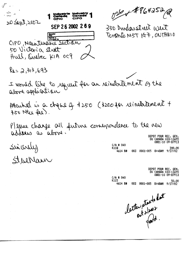 Canadian Patent Document 2313693. Correspondence 20020926. Image 1 of 2