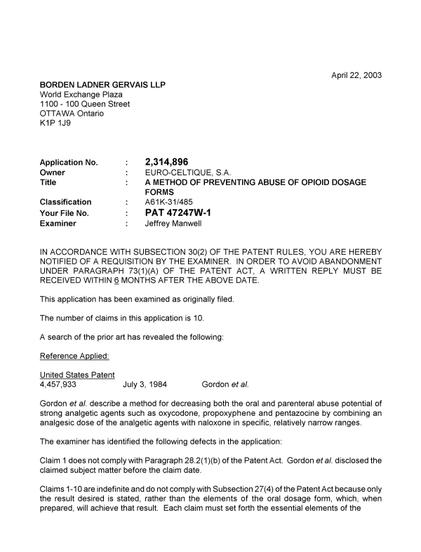 Canadian Patent Document 2314896. Prosecution-Amendment 20030422. Image 1 of 2