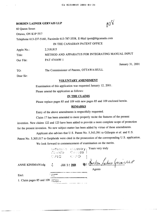 Canadian Patent Document 2318815. Prosecution-Amendment 20010131. Image 1 of 3