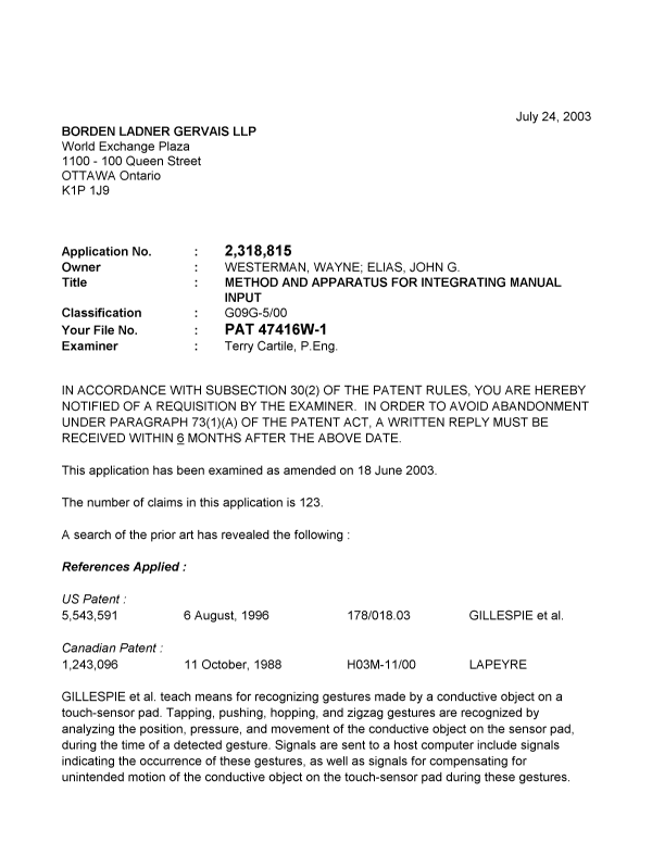 Canadian Patent Document 2318815. Prosecution-Amendment 20030724. Image 1 of 3