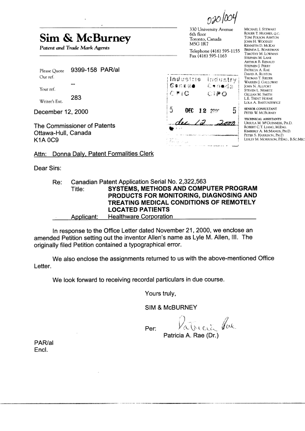 Canadian Patent Document 2322563. Correspondence 20001212. Image 1 of 3