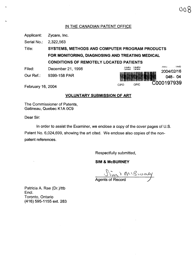 Canadian Patent Document 2322563. Prosecution-Amendment 20040216. Image 1 of 1