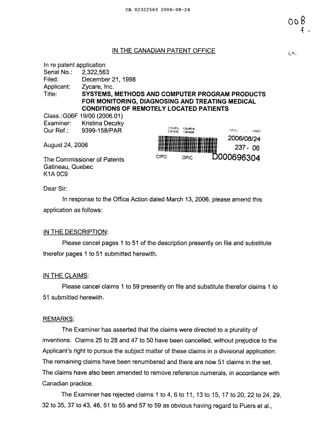 Canadian Patent Document 2322563. Prosecution-Amendment 20060824. Image 1 of 78