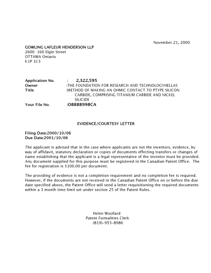 Canadian Patent Document 2322595. Correspondence 20001116. Image 1 of 1