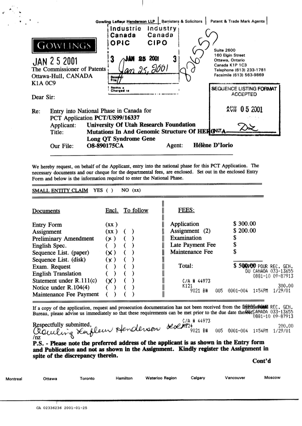 Document de brevet canadien 2336236. Cession 20010125. Image 1 de 11