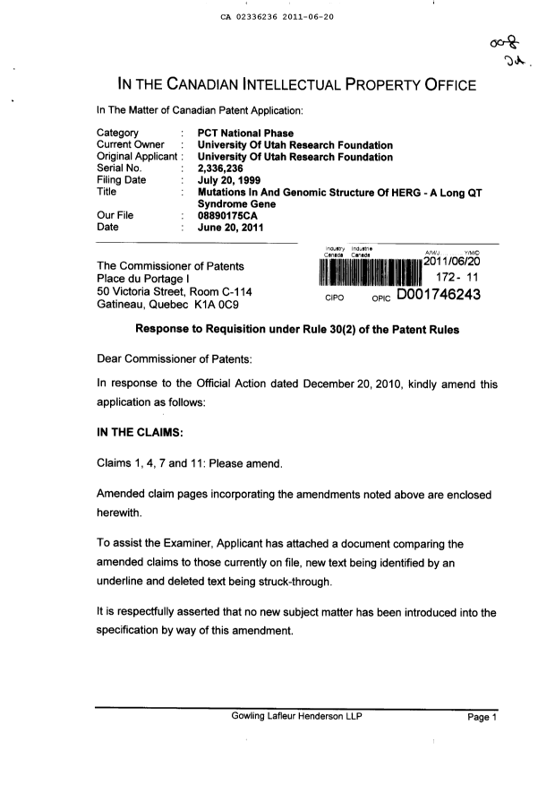 Document de brevet canadien 2336236. Poursuite-Amendment 20110620. Image 1 de 11
