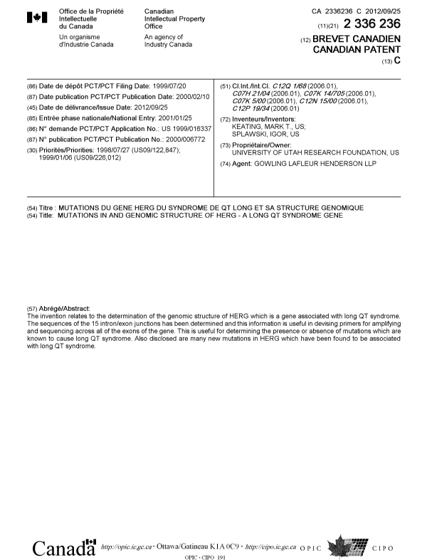 Canadian Patent Document 2336236. Cover Page 20111227. Image 1 of 1