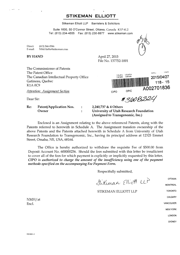 Document de brevet canadien 2336236. Cession 20150427. Image 1 de 16