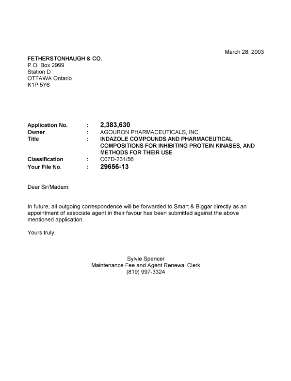Document de brevet canadien 2383630. Correspondance 20030328. Image 1 de 1