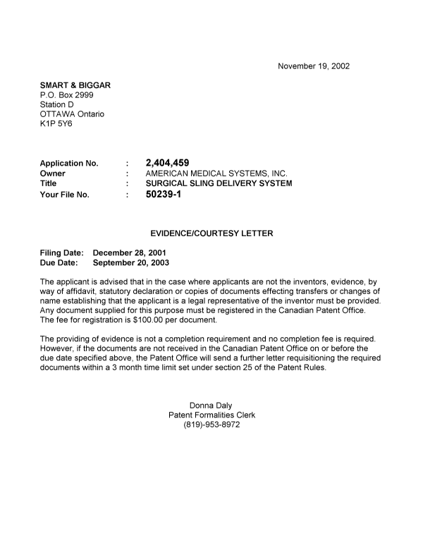Canadian Patent Document 2404459. Correspondence 20021119. Image 1 of 1