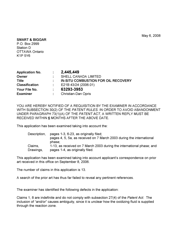 Canadian Patent Document 2445449. Prosecution-Amendment 20080506. Image 1 of 2