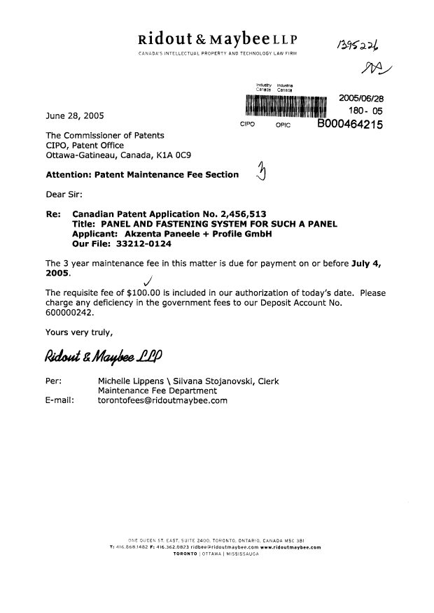 Document de brevet canadien 2456513. Taxes 20050628. Image 1 de 1
