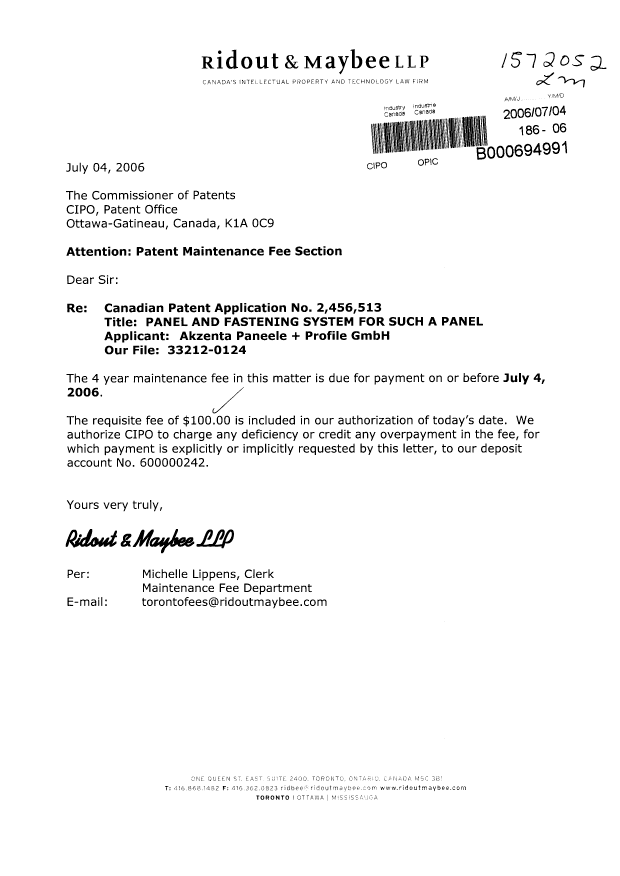 Document de brevet canadien 2456513. Taxes 20060704. Image 1 de 1