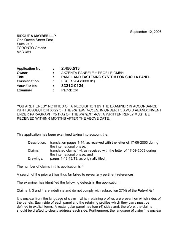 Canadian Patent Document 2456513. Prosecution-Amendment 20060912. Image 1 of 3