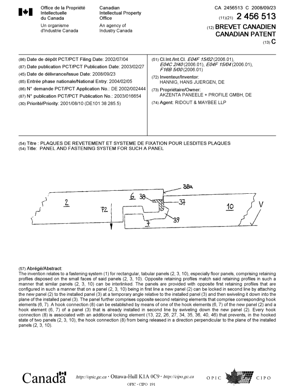Canadian Patent Document 2456513. Cover Page 20080912. Image 1 of 1