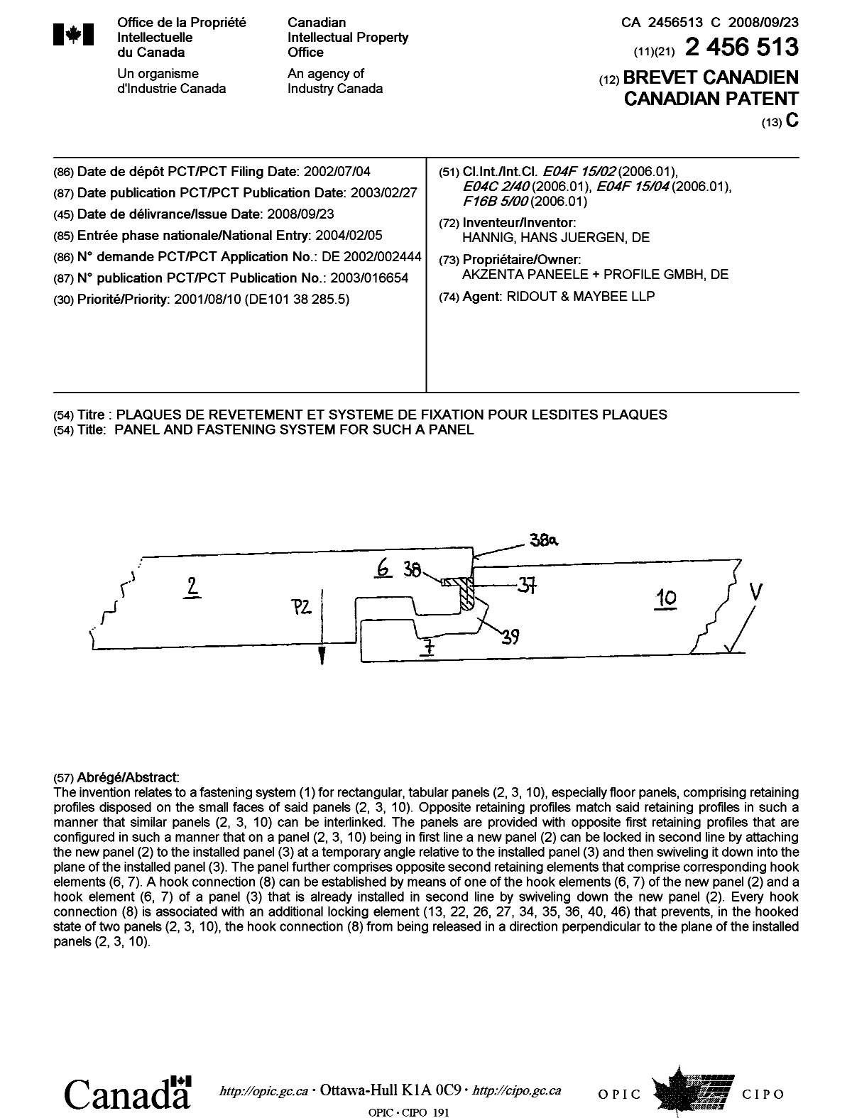 Canadian Patent Document 2456513. Cover Page 20080912. Image 1 of 1