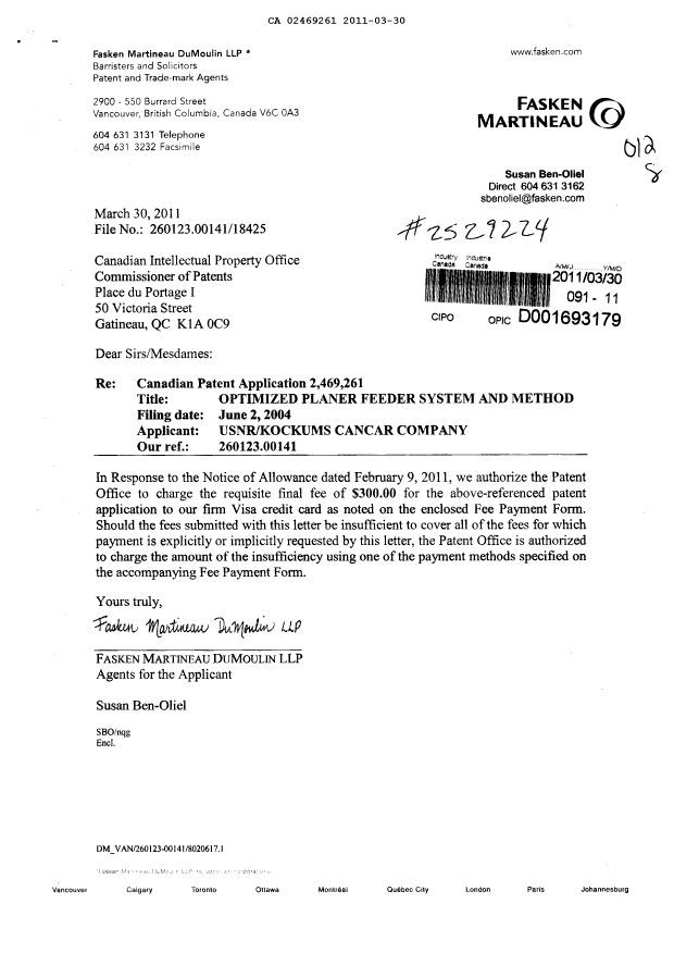 Canadian Patent Document 2469261. Correspondence 20101230. Image 1 of 1