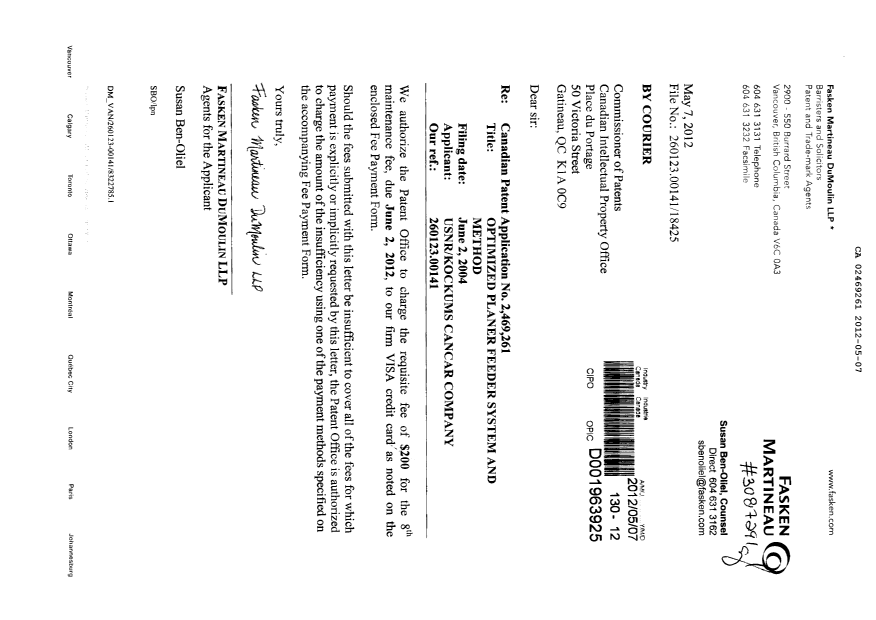 Canadian Patent Document 2469261. Fees 20111207. Image 1 of 1