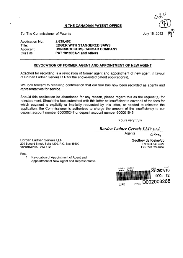 Canadian Patent Document 2469261. Correspondence 20111216. Image 1 of 6
