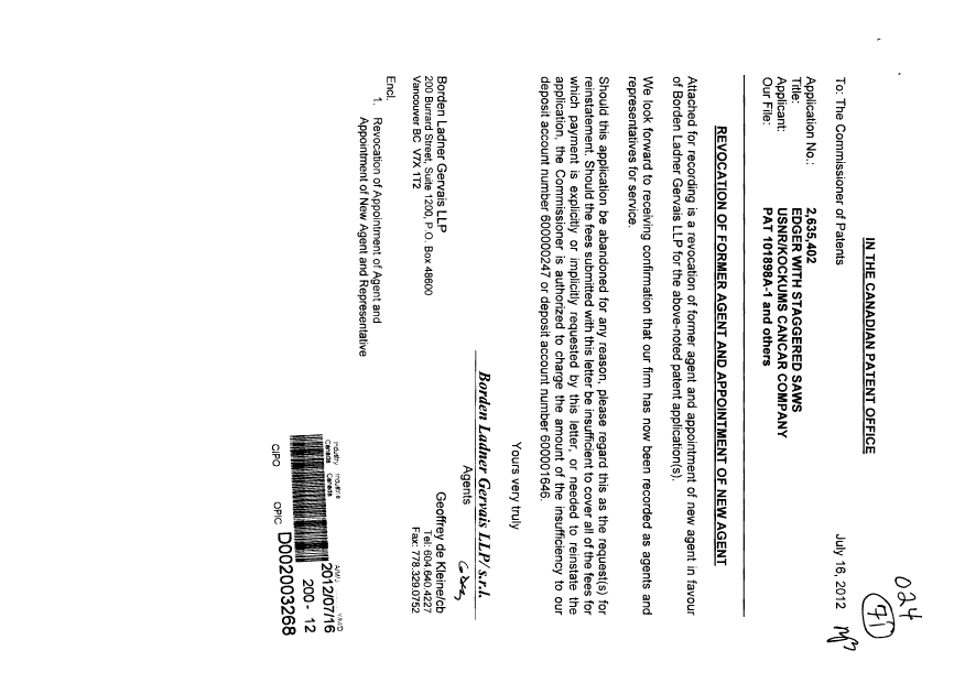 Canadian Patent Document 2469261. Correspondence 20111216. Image 1 of 6
