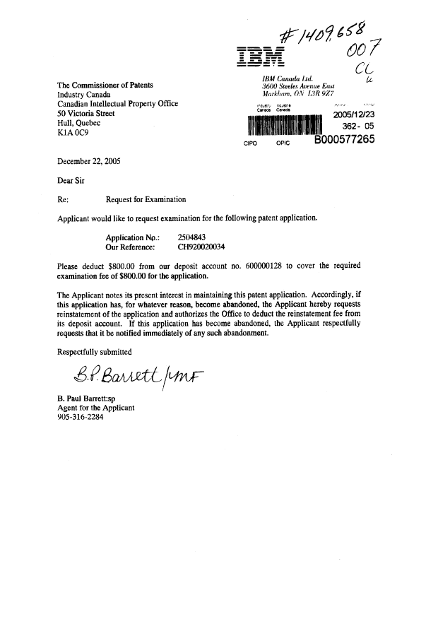 Canadian Patent Document 2504843. Prosecution-Amendment 20041223. Image 1 of 1