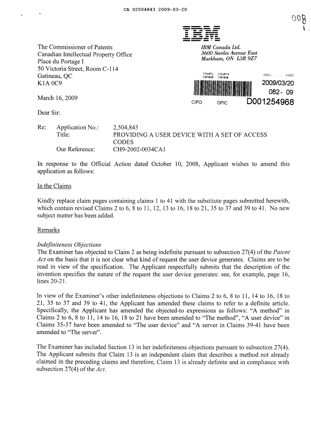 Canadian Patent Document 2504843. Prosecution-Amendment 20081220. Image 1 of 13