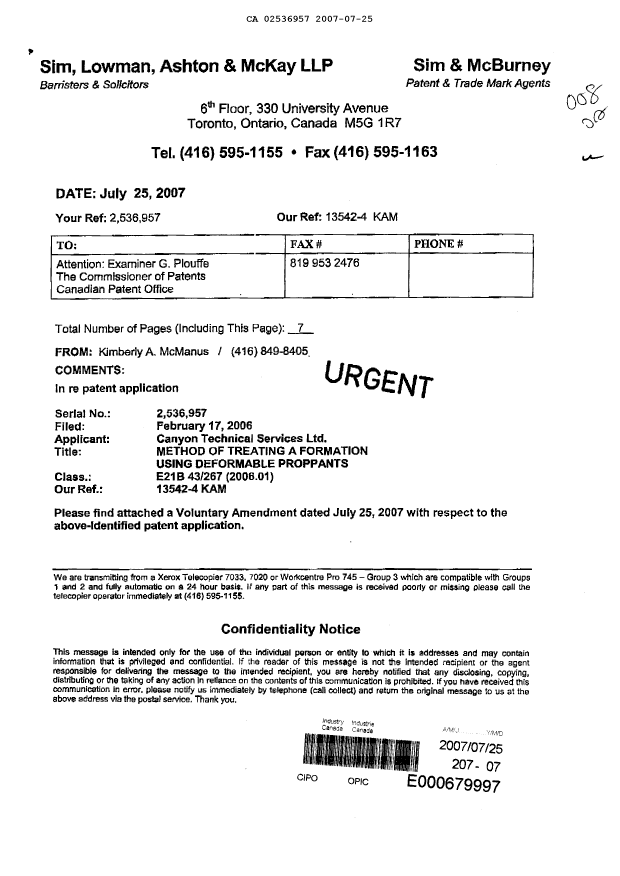 Canadian Patent Document 2536957. Prosecution-Amendment 20070725. Image 1 of 7