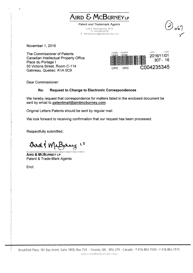 Canadian Patent Document 2536957. Correspondence 20161101. Image 1 of 2