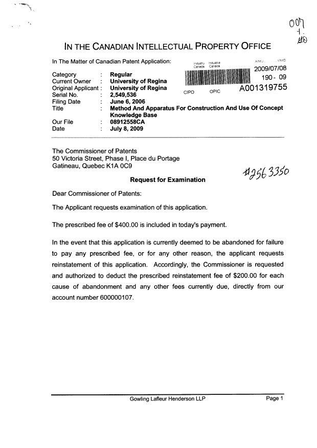 Canadian Patent Document 2549536. Prosecution-Amendment 20090708. Image 1 of 2