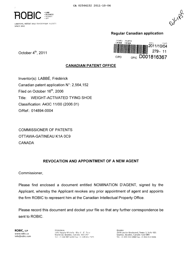 Canadian Patent Document 2564152. Correspondence 20101204. Image 1 of 4
