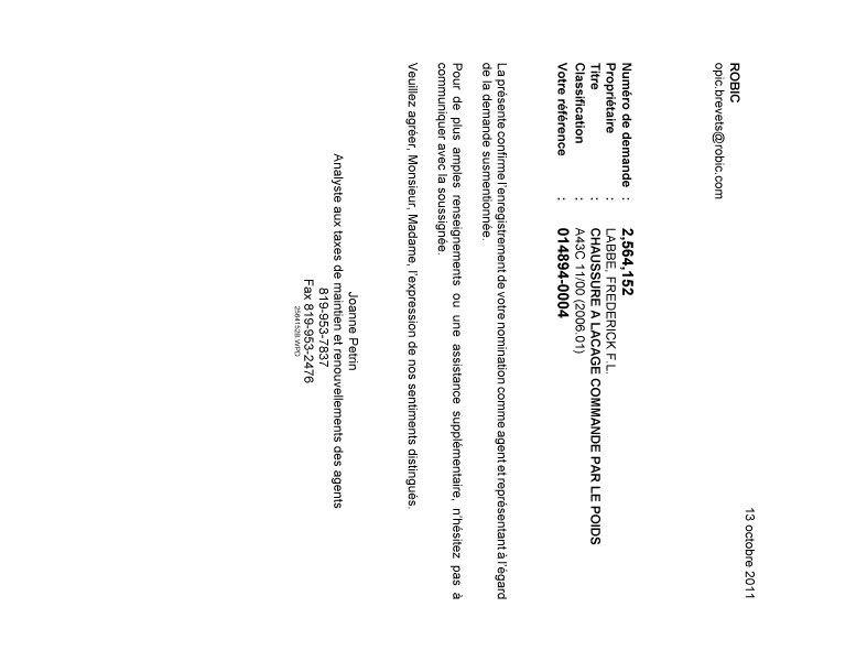 Canadian Patent Document 2564152. Correspondence 20101213. Image 1 of 1