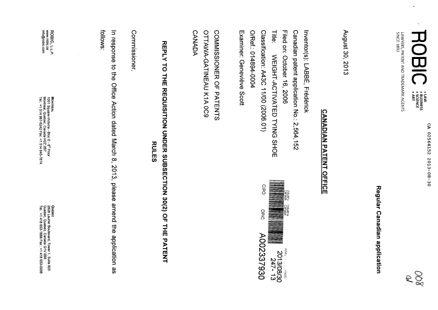 Canadian Patent Document 2564152. Prosecution-Amendment 20121230. Image 1 of 12
