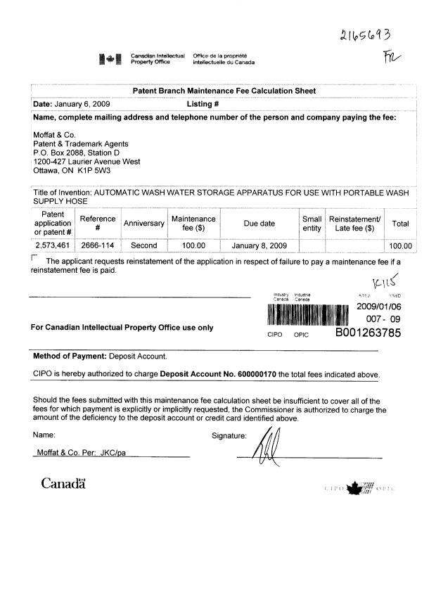 Canadian Patent Document 2573461. Fees 20090106. Image 1 of 1