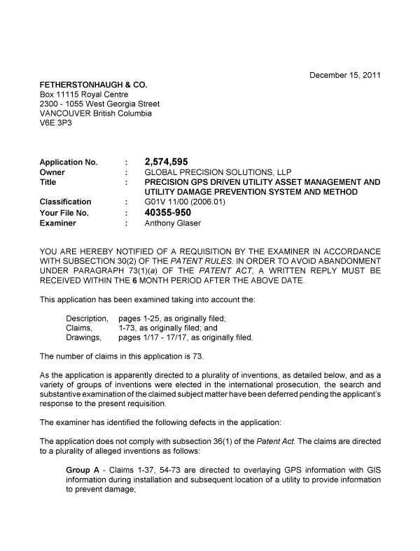 Canadian Patent Document 2574595. Prosecution-Amendment 20101215. Image 1 of 2