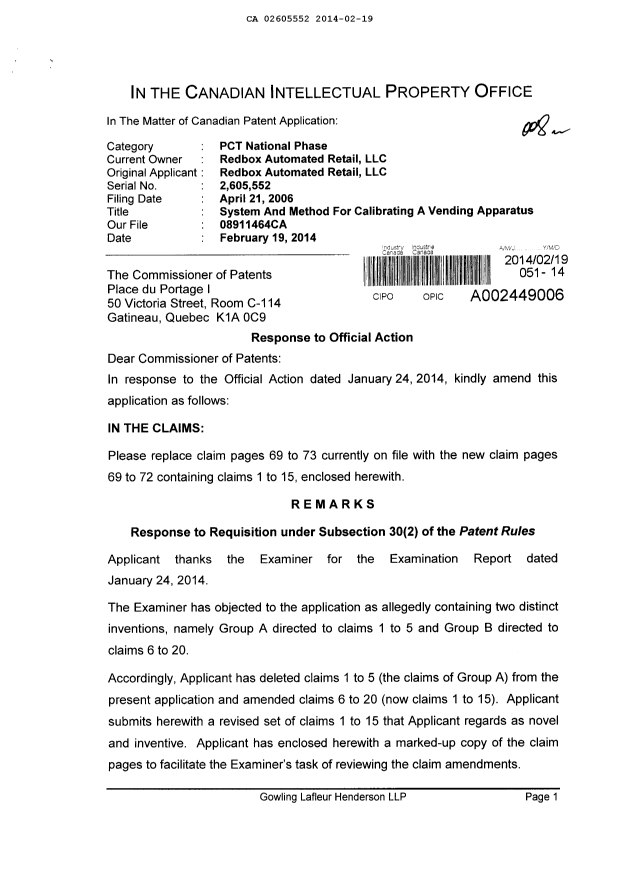 Canadian Patent Document 2605552. Prosecution-Amendment 20140219. Image 1 of 11